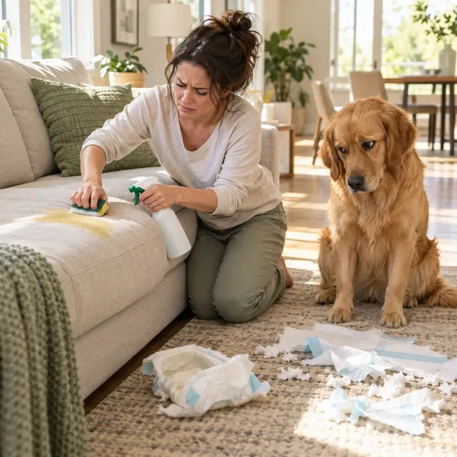 Owner scrubbing a pee stain off the couch