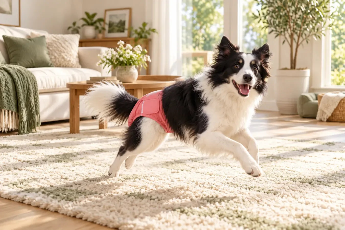 Border collie running in a Zithea diaper that stays on